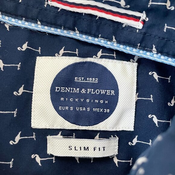 Denim & Flower Men's Navy Blue White Flamingo Print Shirt Button Front Slim S - Picture 6 of 7